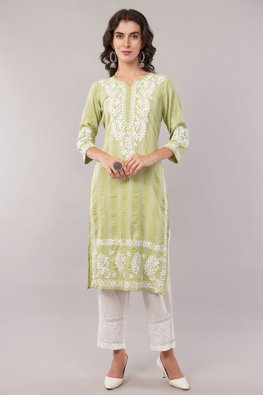 Women's Cotton Hand Embroidered Regular Straight Kurta/Kurti for Women & Girls