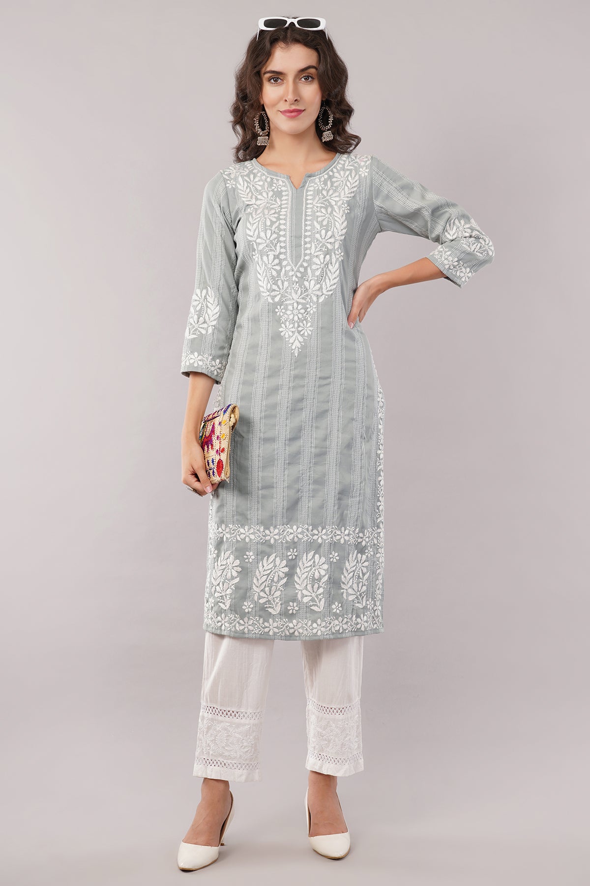 Women's Cotton Hand Embroidered Regular Straight Kurta/Kurti for Women & Girls