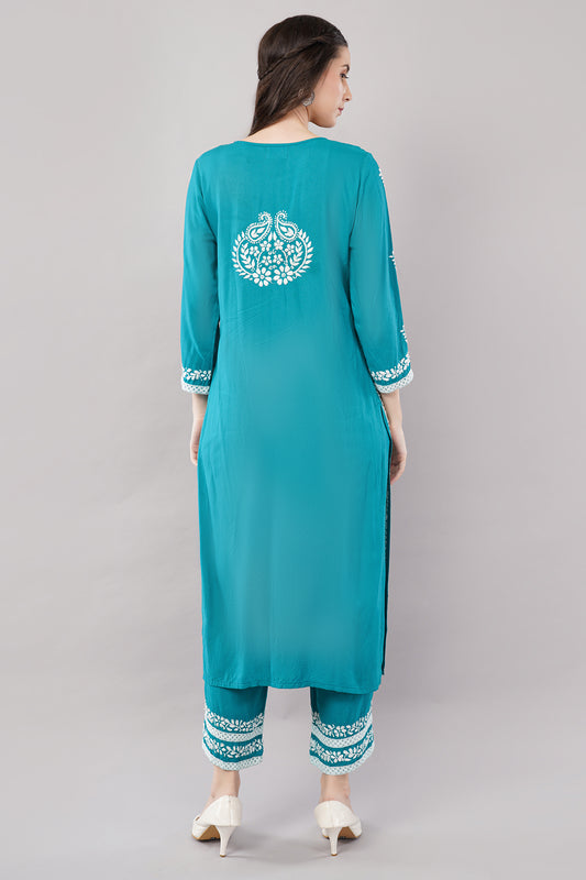 Hand Embroidered Rayon Chikankari Kurta with Pant Set | Ethnic Indian wear- Lucknow Chikankari Suit Set