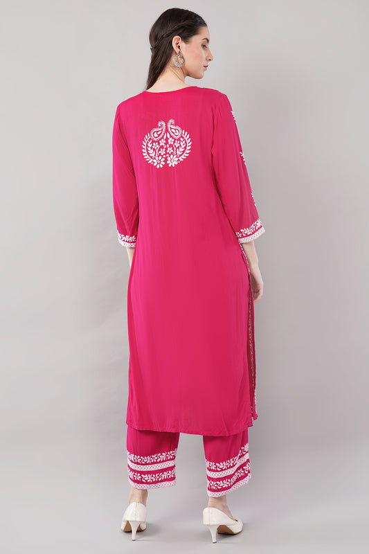 Hand Embroidered Rayon Chikankari Kurta with Pant Set | Ethnic Indian wear- Lucknow Chikankari Suit Set