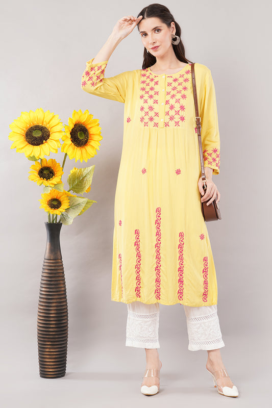 Women's Round Neck Rayon Straight Hand Embroidered Yellow Kurta/Kurti for Women & Girls
