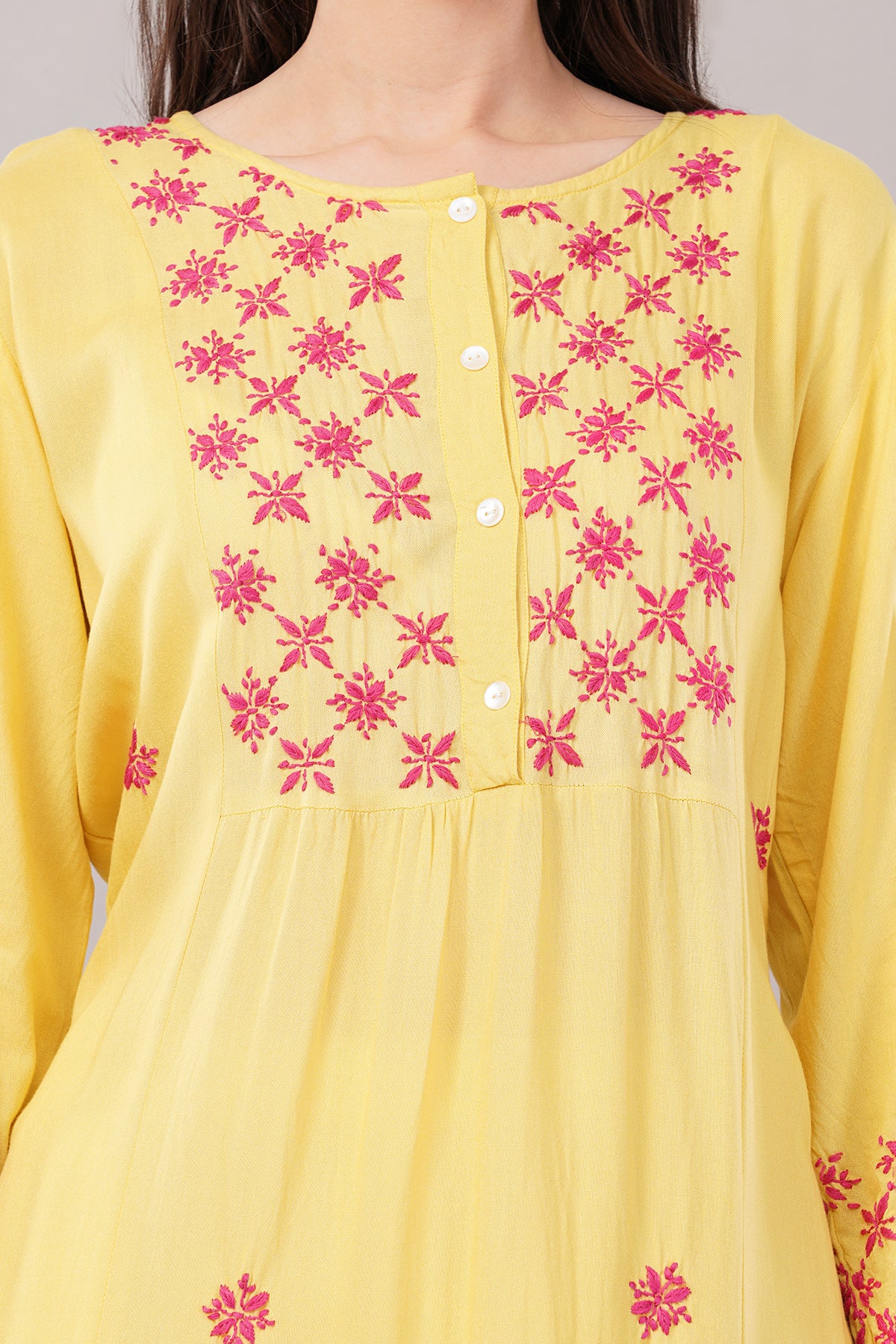 Women's Round Neck Rayon Straight Hand Embroidered Yellow Kurta/Kurti for Women & Girls