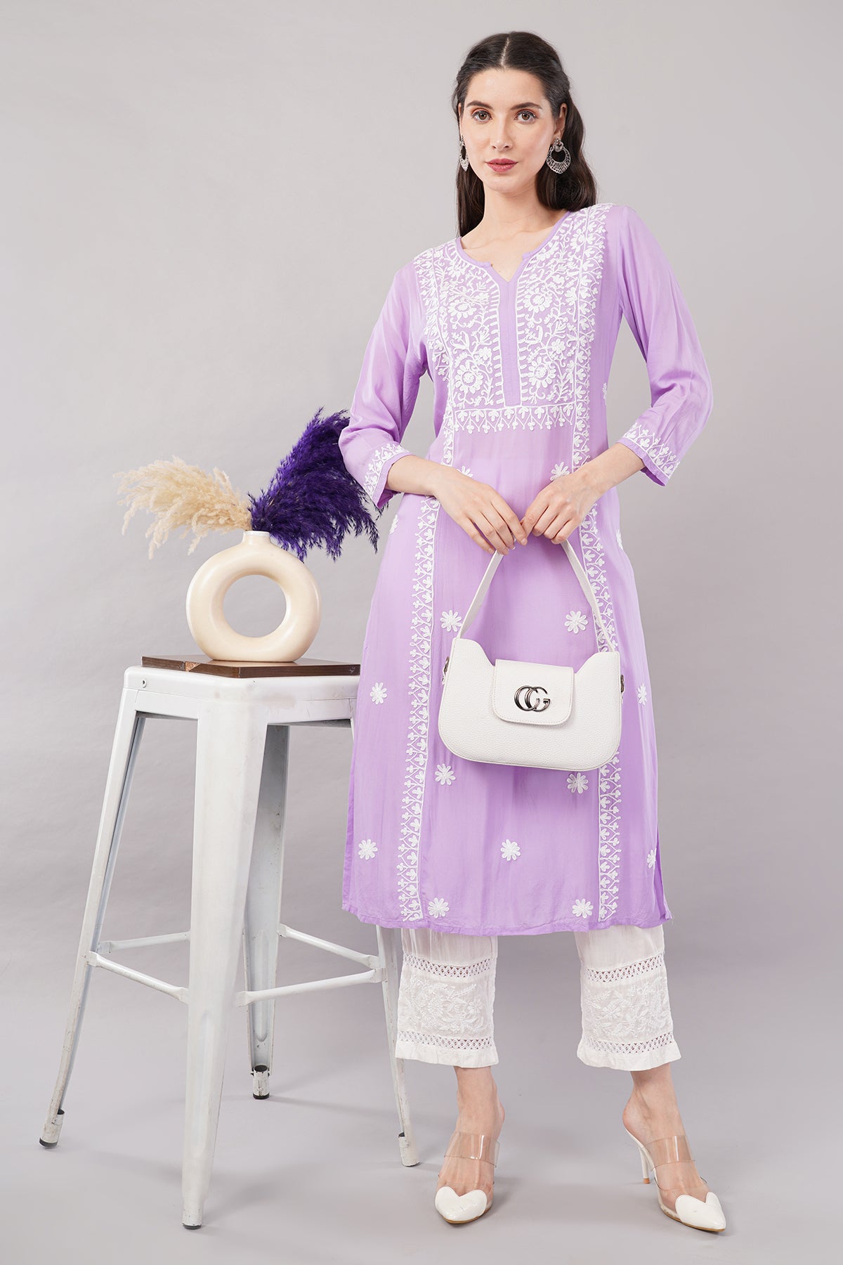 Hand Embroidered Lucknowi Chikankari Regular Straight Modal Kurta/Kurti for Women & Girls