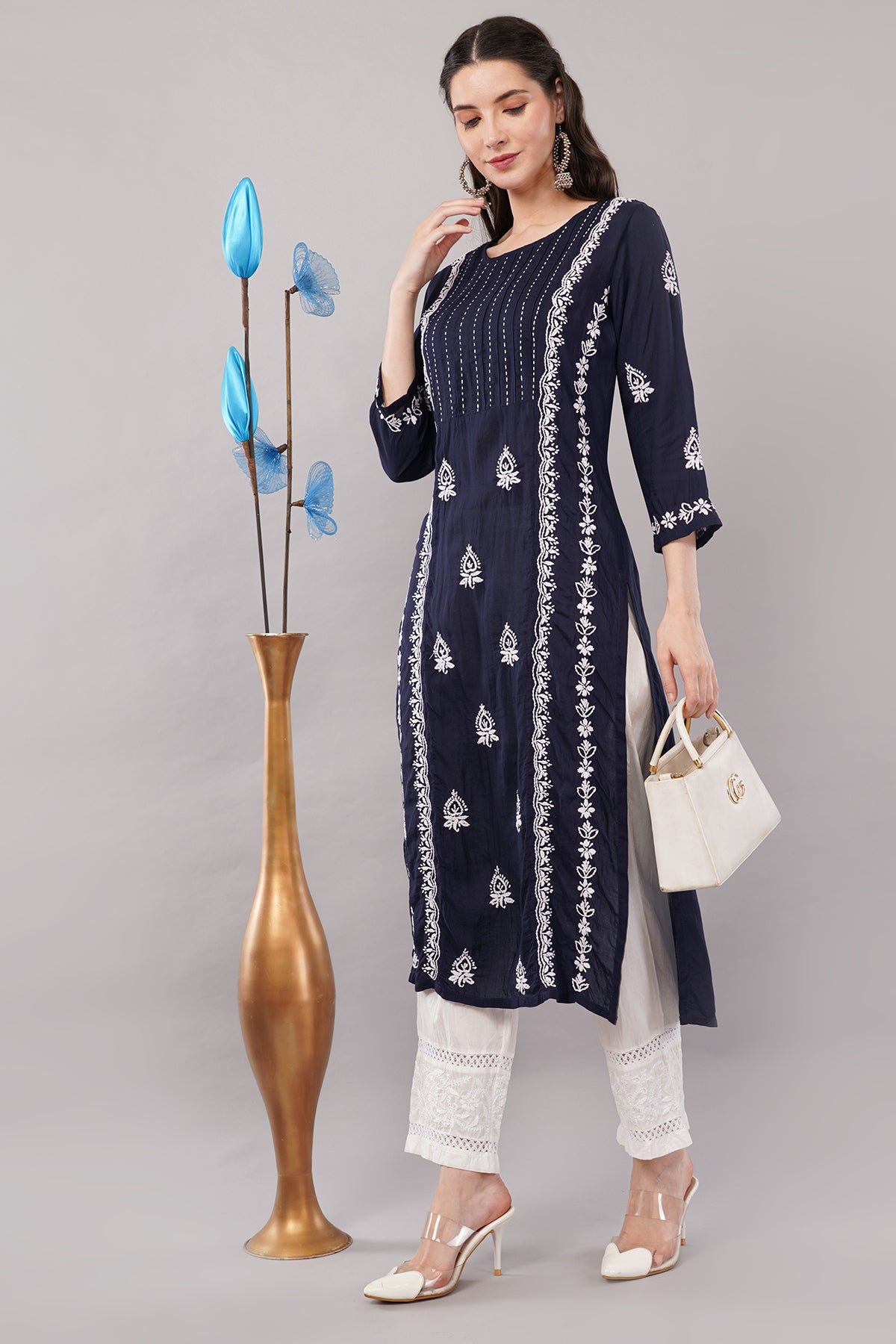 Women's Reyon Straight Fit Tunic Hand Embroidered Lucknowi Chikankari Straight Top | Short Kurti Top for Women & Girls