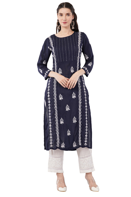 Women's Reyon Straight Fit Tunic Hand Embroidered Lucknowi Chikankari Straight Top | Short Kurti Top for Women & Girls