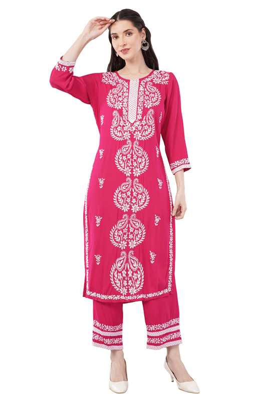 Hand Embroidered Rayon Chikankari Kurta with Pant Set | Ethnic Indian wear- Lucknow Chikankari Suit Set