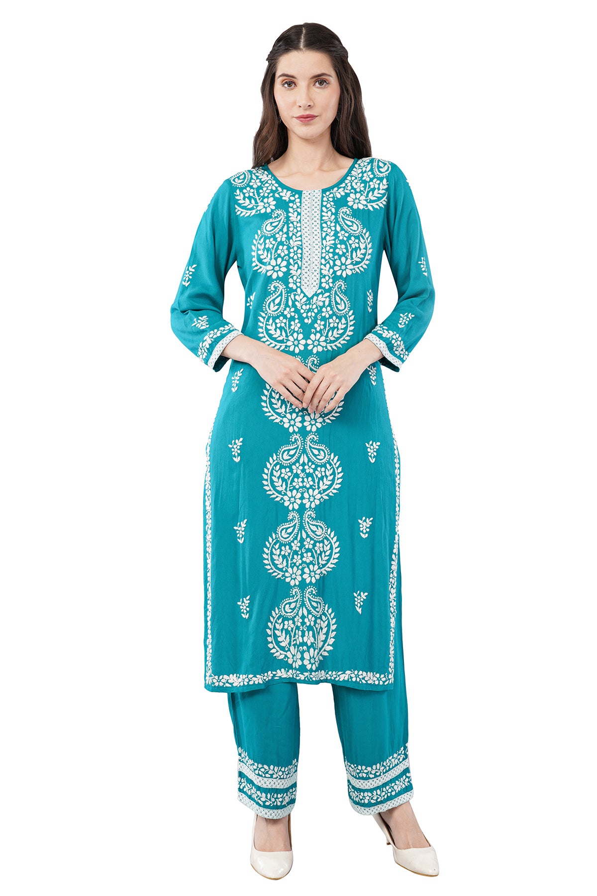 Hand Embroidered Rayon Chikankari Kurta with Pant Set | Ethnic Indian wear- Lucknow Chikankari Suit Set