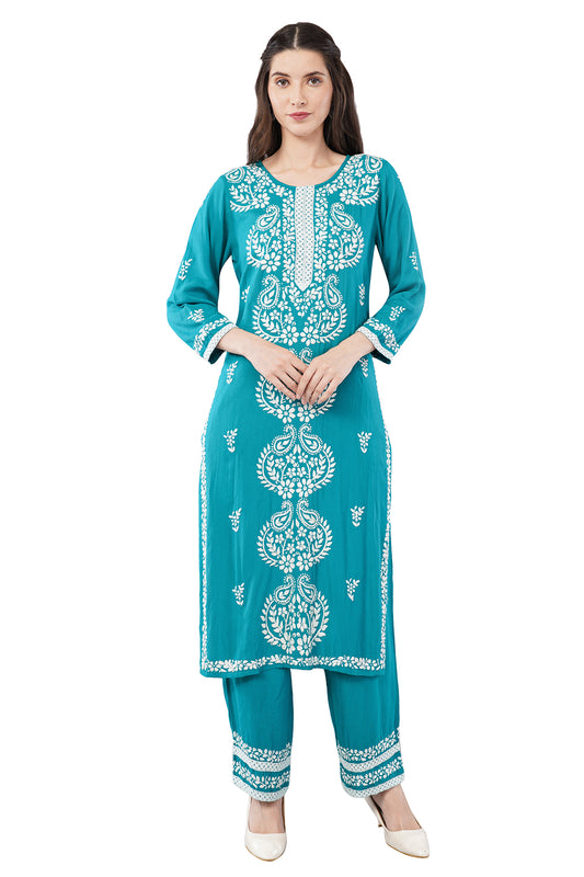 Hand Embroidered Rayon Chikankari Kurta with Pant Set | Ethnic Indian wear- Lucknow Chikankari Suit Set