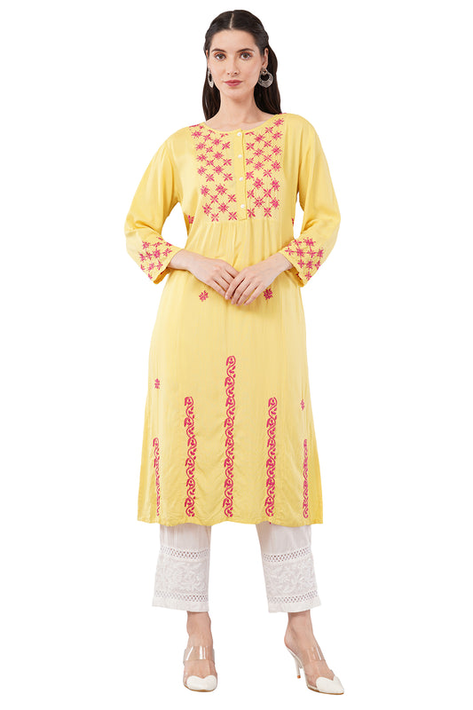 Women's Round Neck Rayon Straight Hand Embroidered Yellow Kurta/Kurti for Women & Girls