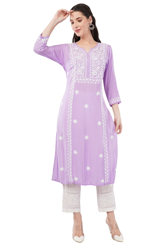 Hand Embroidered Lucknowi Chikankari Regular Straight Modal Kurta/Kurti for Women & Girls