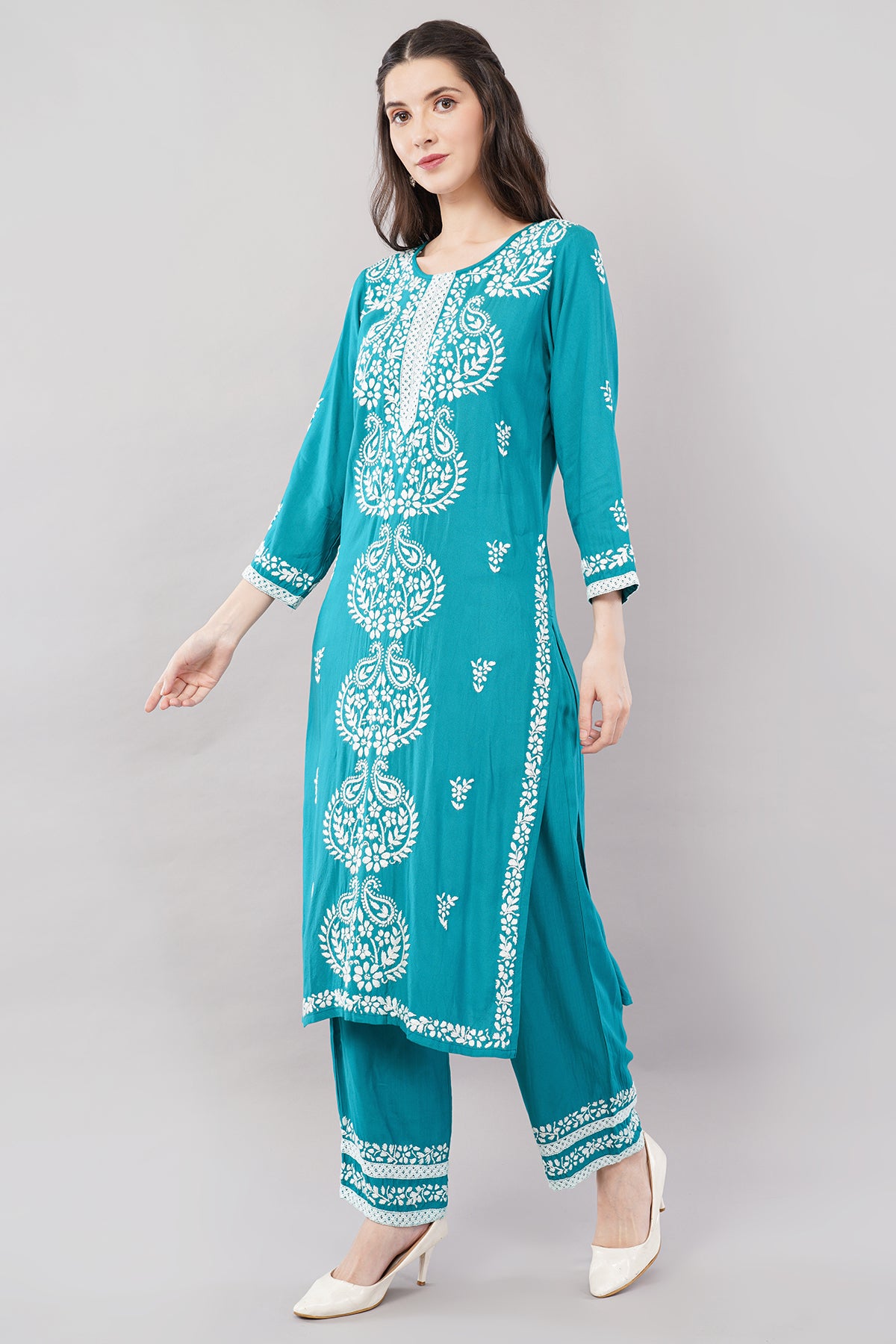 Hand Embroidered Rayon Chikankari Kurta with Pant Set | Ethnic Indian wear- Lucknow Chikankari Suit Set