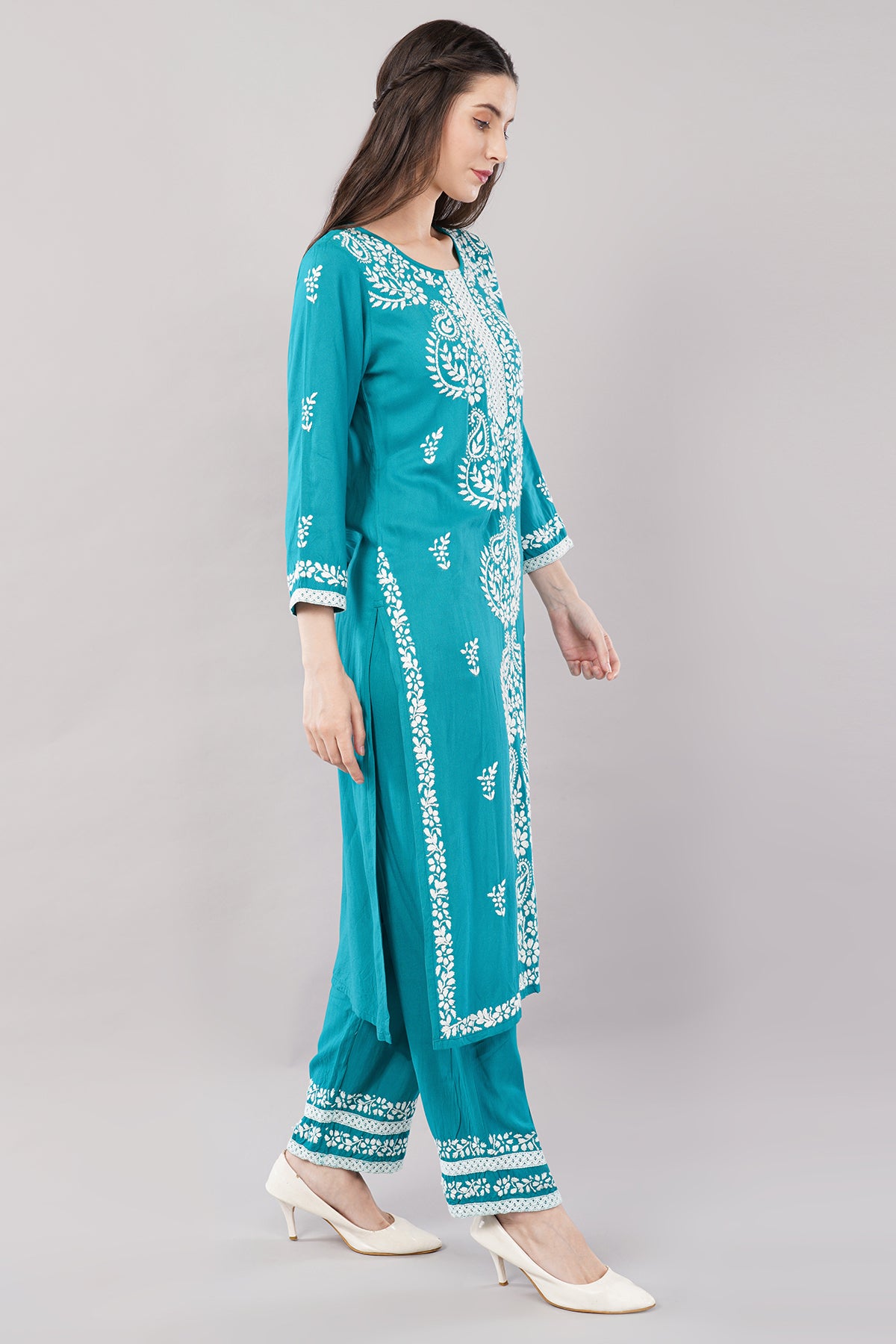 Hand Embroidered Rayon Chikankari Kurta with Pant Set | Ethnic Indian wear- Lucknow Chikankari Suit Set