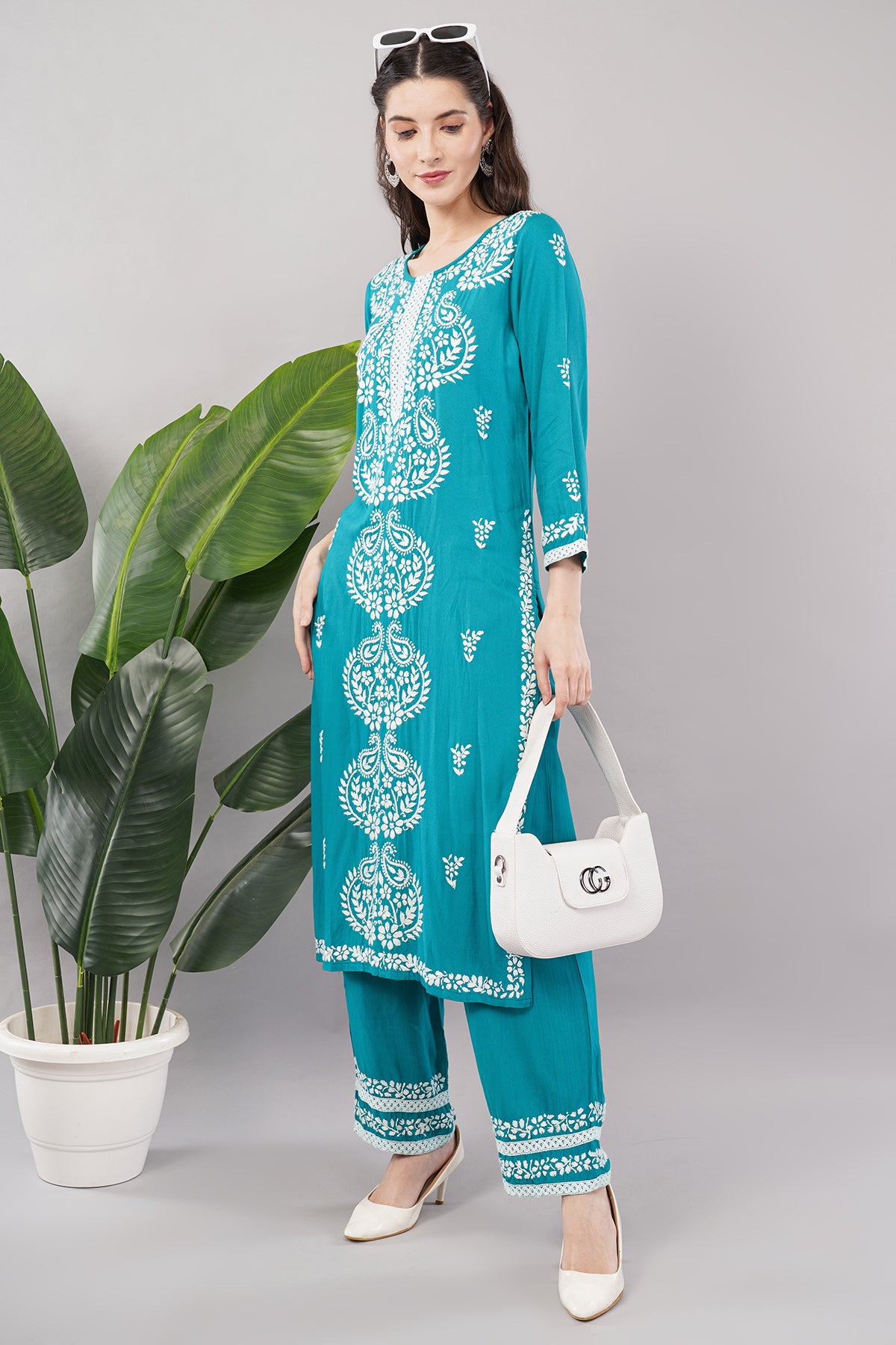 Hand Embroidered Rayon Chikankari Kurta with Pant Set | Ethnic Indian wear- Lucknow Chikankari Suit Set