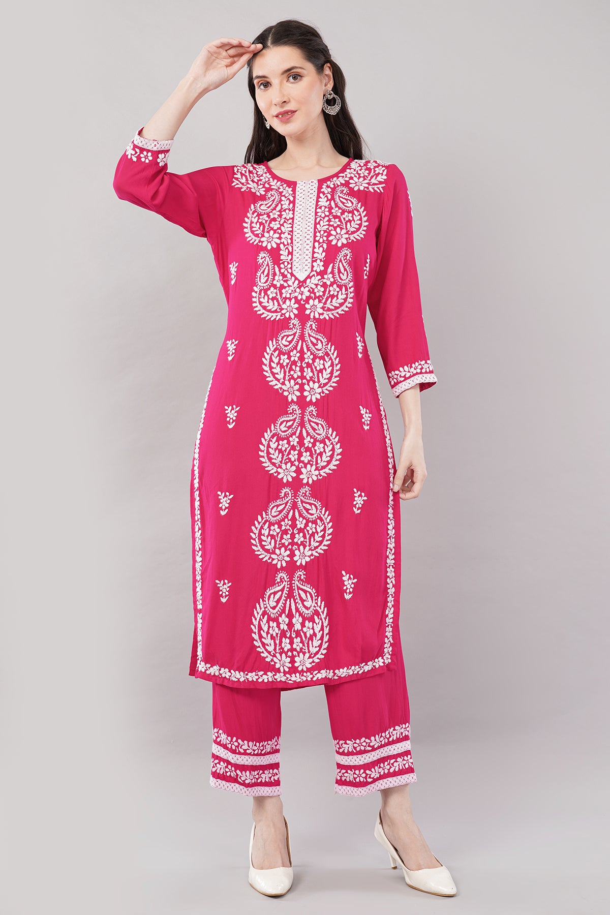 Hand Embroidered Rayon Chikankari Kurta with Pant Set | Ethnic Indian wear- Lucknow Chikankari Suit Set