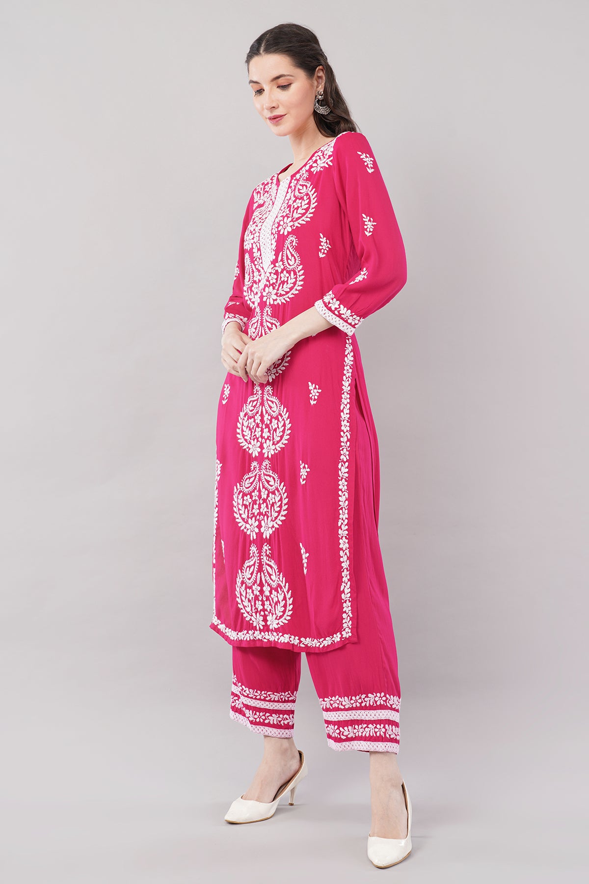 Hand Embroidered Rayon Chikankari Kurta with Pant Set | Ethnic Indian wear- Lucknow Chikankari Suit Set