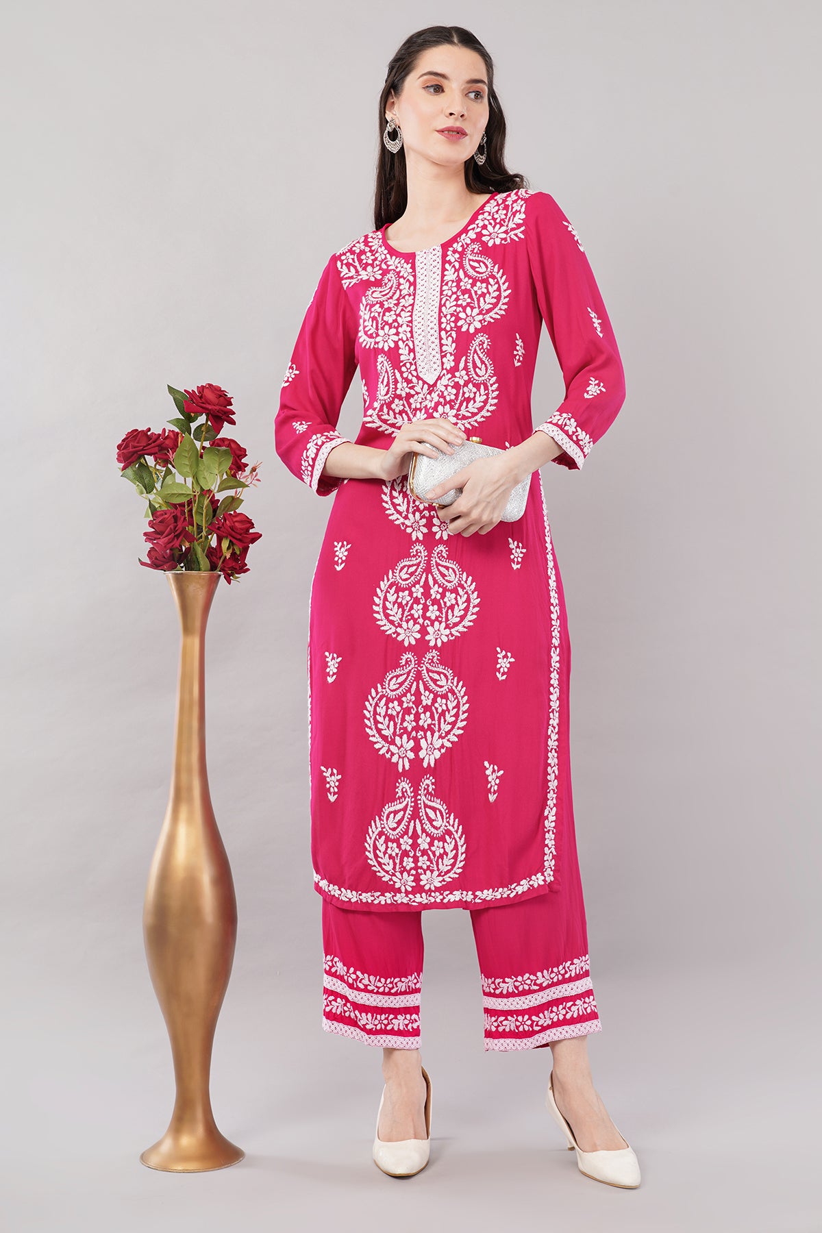 Hand Embroidered Rayon Chikankari Kurta with Pant Set | Ethnic Indian wear- Lucknow Chikankari Suit Set