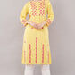 Women's Round Neck Rayon Straight Hand Embroidered Yellow Kurta/Kurti for Women & Girls