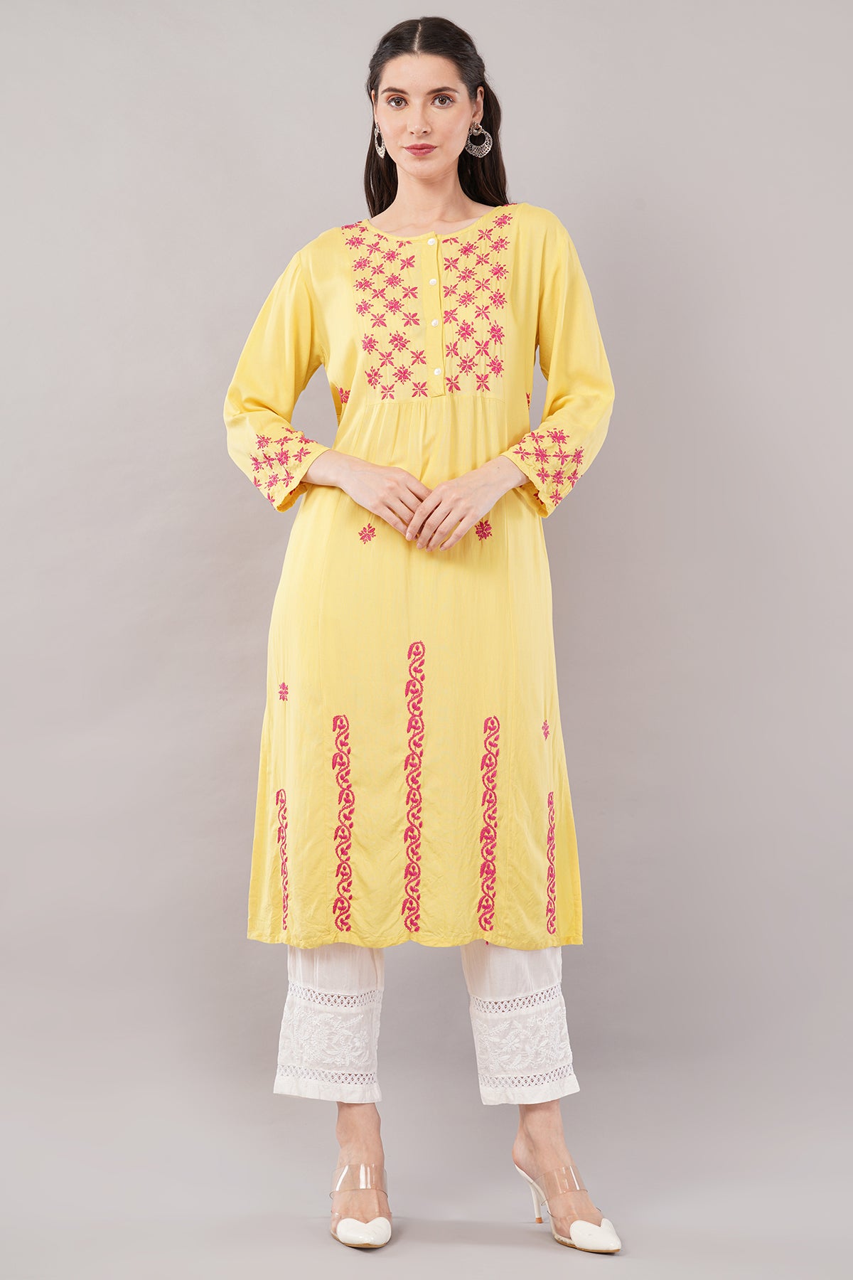 Women's Round Neck Rayon Straight Hand Embroidered Yellow Kurta/Kurti for Women & Girls