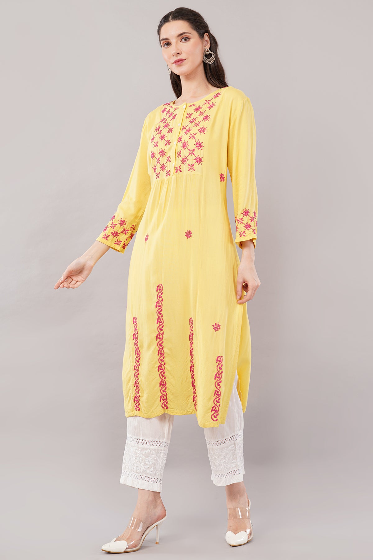 Women's Round Neck Rayon Straight Hand Embroidered Yellow Kurta/Kurti for Women & Girls