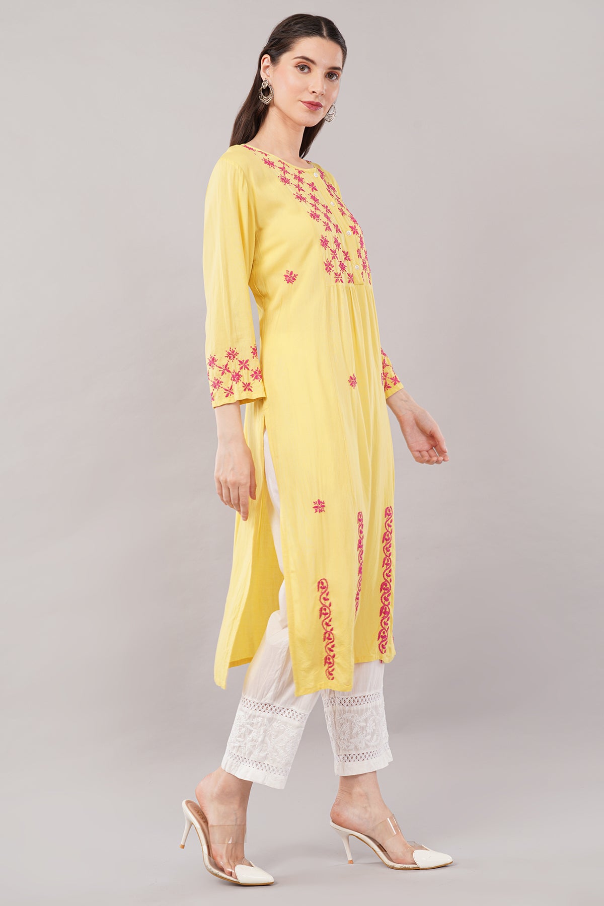 Women's Round Neck Rayon Straight Hand Embroidered Yellow Kurta/Kurti for Women & Girls