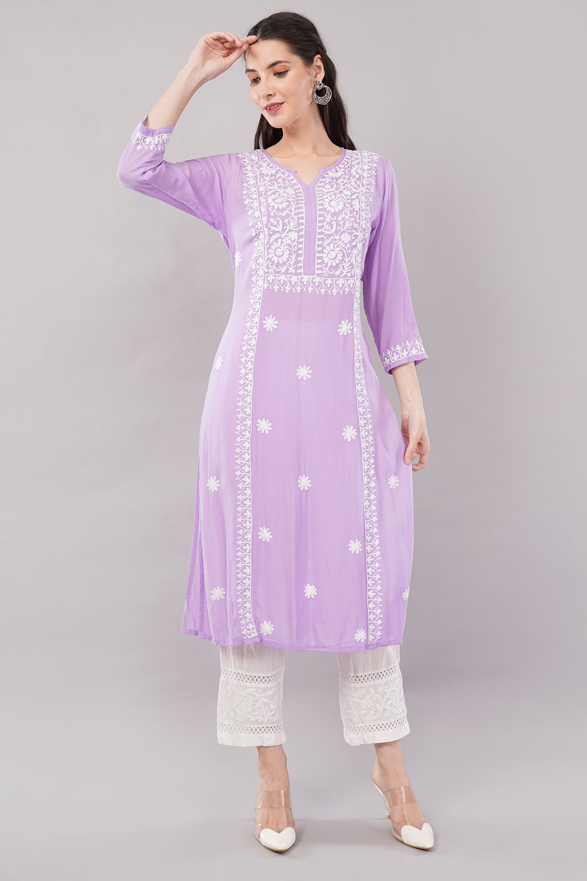 Hand Embroidered Lucknowi Chikankari Regular Straight Modal Kurta/Kurti for Women & Girls