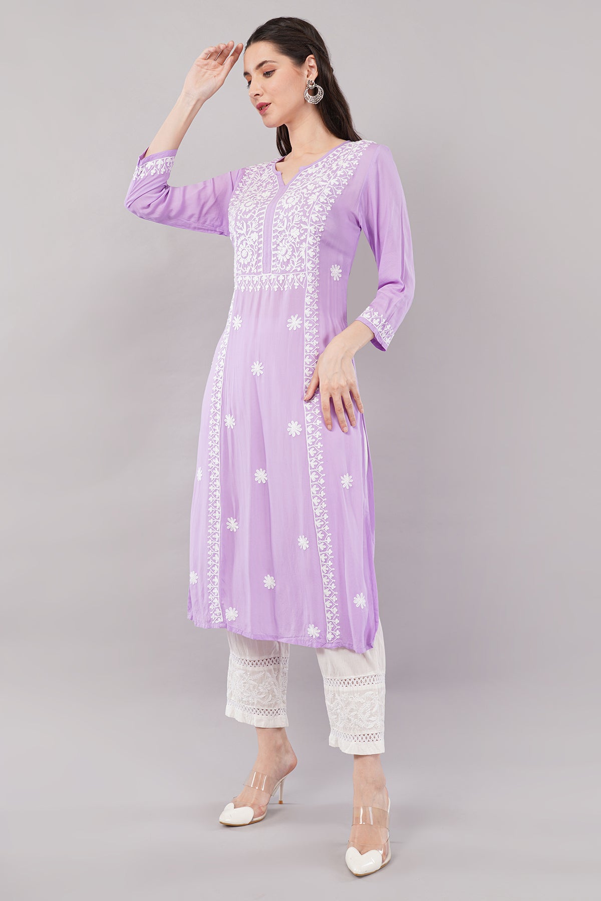 Hand Embroidered Lucknowi Chikankari Regular Straight Modal Kurta/Kurti for Women & Girls